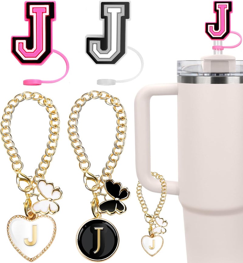Buvizas 4PCS Compatible with Stanley Cup Accessories, 2PCS 0.4"/10MM Straw Cover Cap for Stanley Cup and 2PCS Butterfly Letter Charms for Stanley Cups 30&40 Oz, Straw Toppers for Stanley Cups (Letter J) - Image 1
